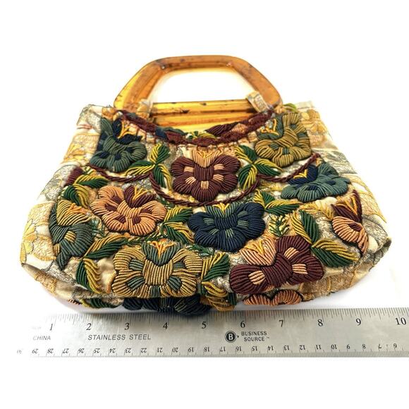 Vintage Guatemalan Embroidered Floral Handbag Lucite Handles 1960s Boho Purse - Picture 3 of 7